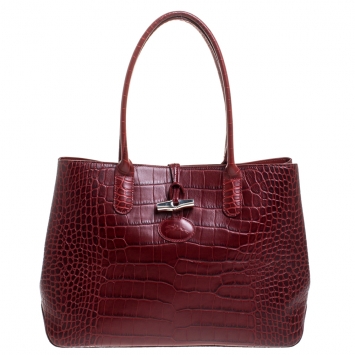 Pre Owned Longchamp Red Croc Embossed Leather Roseau Tote