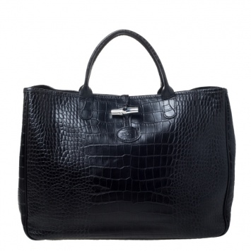 Pre Owned Longchamp Black Crocodile Embossed Leather Roseau Tote 