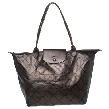 Pre Owned Longchamp Metallic Brown Nylon and Leather Le Pliage Tote 
