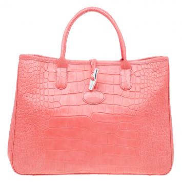 Pre Owned Longchamp Corail Pink Croc Embossed Leather Roseau Tote