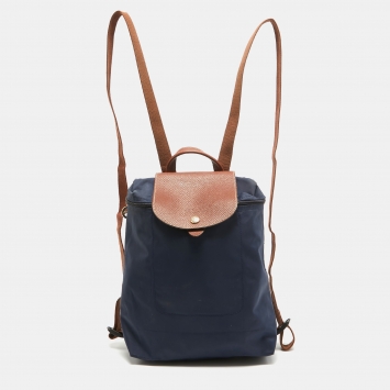 Pre Owned Longchamp Brown/Navy Blue Nylon Le Pliage Backpack