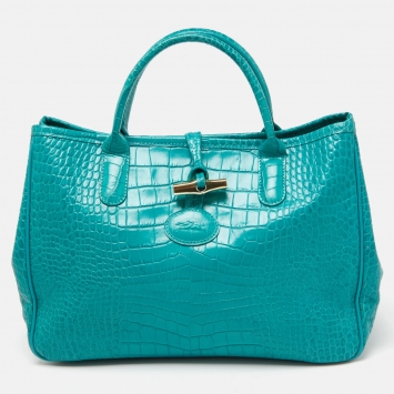 Pre Owned Longchamp Green Croc Embossed Leather Roseau Tote