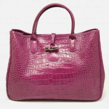 Pre Owned Longchamp Purple Croc Embossed Leather Roseau Tote