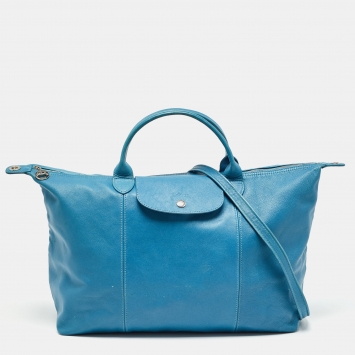 Pre Owned Longchamp Blue Leather Le Pliage Cuir Tote