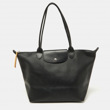 Pre Owned Longchamp Black Leather Medium Le Pliage Tote
