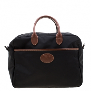 Pre Owned Longchamp Black/Brown Nylon and Leather Le Pliage Travel Bag 