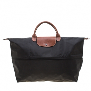 Pre Owned Longchamp Black/Brown Nylon and Leather Le Pliage Expandable Travel Bag