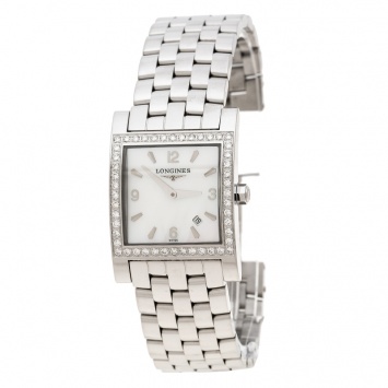 Pre Owned Longines White Mother of Pearl Stainless Steel Diamond Dolcevita L5.503.0 Women's Wristwatch 24 mm