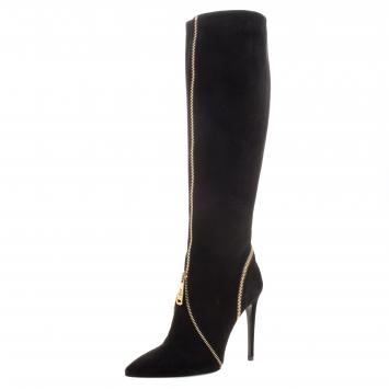 Pre Owned Loriblu Black Suede Zip Accent Knee High Pointed Toe Boots Size 36