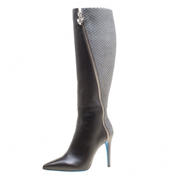 Pre Owned Loriblu Grey Leather and Python Embossed Zip Detail Pointed Toe Boots Size 38