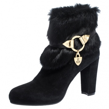 Pre Owned Loriblu Black Suede And Fur Trim Pointed Toe Ankle Boots Size 41
