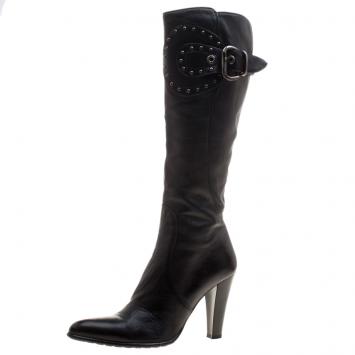 Pre Owned Loriblu Black Leather Buckle Detail Knee High Boots Size 39