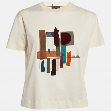 Pre Owned Loro Piana Cream Applique Cotton T-Shirt S