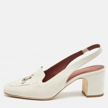 Pre Owned Loro Piana Grey Suede Summer Charms Walk Slingback Pumps Size 38.5
