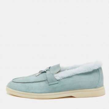 Pre Owned Loro Piana Blue Suede and Shearling Fur Summer Charms Walk Loafers Size 38.5 