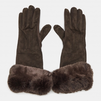 Pre Owned Loro Piana Brown Suede and Leather Fur Trim Gloves M