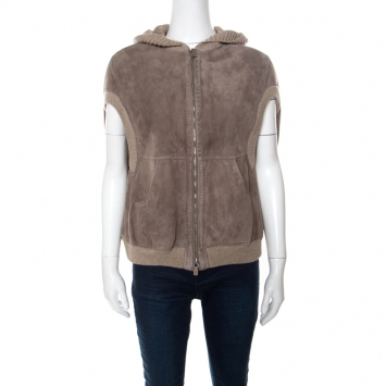 Pre Owned Loro Piana Beige Suede Shearling Lined Sleeveless Hooded Bomber Jacket M