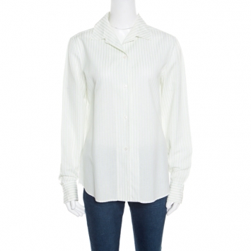 Pre Owned Loro Piana White and Green Striped Cotton Linen Long Sleeve Shirt M
