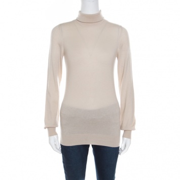 Pre Owned Loro Piana Beige Cashmere Turtle Neck Sweater S