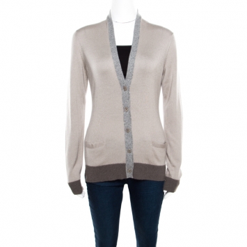 Pre Owned Loro Piana Beige Contrast Trim Detail Cashmere and Silk Cardigan M