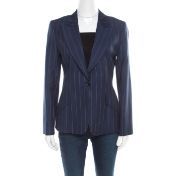 Pre Owned Loro Piana Navy Blue and White Striped Cotton Cloud Blazer S
