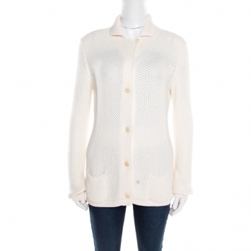 Pre Owned Loro Piana Cream Silk and Cotton Chunky Knit Button Front Cardigan M
