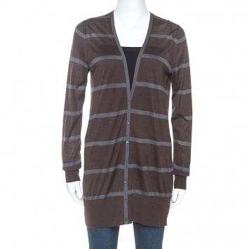 Pre Owned Loro Piana Brown Striped Cashmere Button Front Cardigan M