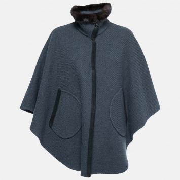Pre Owned Loro Piana Blue Baby Cashmere Fur Trimmed Cape Coat One Size