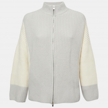 Pre Owned Loro Piana Ivory/Grey Cashmere Zip-Up Jacket S