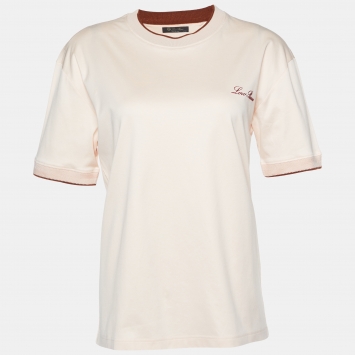 Pre Owned Loro Piana Peach Logo Print Cotton Crew Neck T-Shirt XXS 