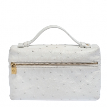 Pre Owned Loro Piana White Ostrich Medium Zip Pouch