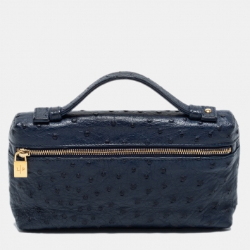 Pre Owned Loro Piana Navy Blue Ostrich Zip L19 Pouch