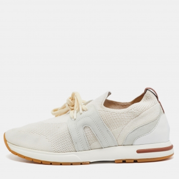Pre Owned Loro Piana Off White/Grey Knit Fabric and Suede 360 Flexy Walker Sneakers Size 36
