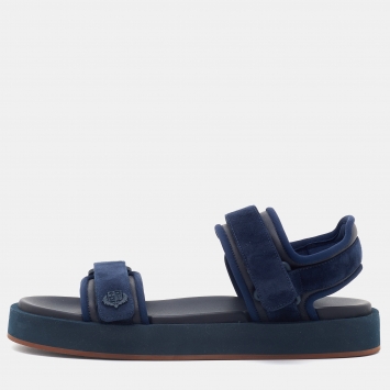 Pre Owned Loro Piana Navy Blue Suede and Leather Waikiki Flat Sandals Size 38