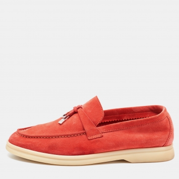 مملوكة مسبقًا Loro Piana Orange Nubuck Leather Summer Charms Walk Loafers Size 35