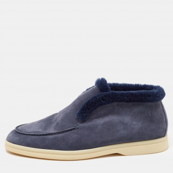 Pre Owned Loro Piana Navy Blue Suede and Fur Open Walk Chukka Boots Size 38