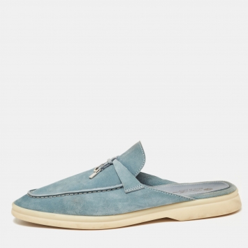 Pre Owned Loro Piana Blue Suede Babouche Charms Walk Flat Mules Size 40