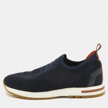 Pre Owned Loro Piana Navy Blue Knit Fabric 360 LP Flexy Walk Sneakers Size 36