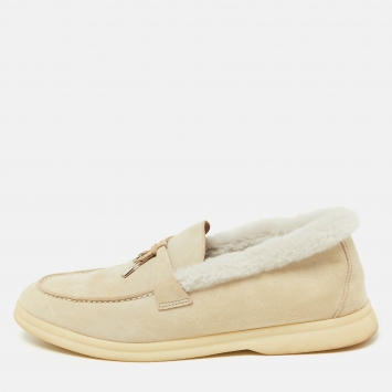 Pre Owned Loro Piana Beige Suede and Shearling Fur Summer Charms Walk Loafers Size 39