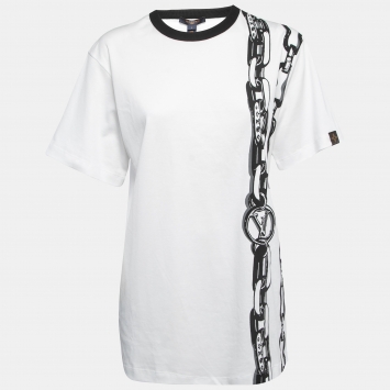 Pre Owned Louis Vuitton  White Chain Print Crew Neck Half Sleeve T-Shirt L