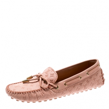 Pre Owned Louis Vuitton Rose Pink Monogram Embossed Leather Gloria Loafers Size 36