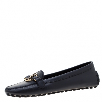 Pre Owned Louis Vuitton Dark Blue Leather Dauphine Loafers Size 38.5