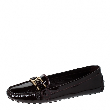 Pre Owned Louis Vuitton Burgundy Patent Leather Oxford Logo Slip On Loafers Size 41