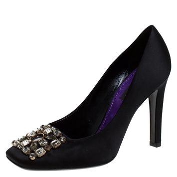 Pre Owned Louis Vuitton Black Satin Crystal Embellished Square Toe Pumps Size 37