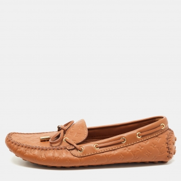 Pre Owned Louis Vuitton Brown Monogram Embossed Leather Gloria Loafers Size 39