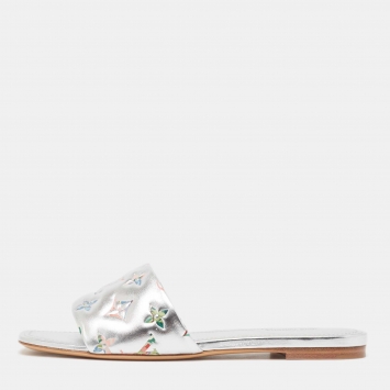 Pre Owned Louis Vuitton Silver Leather Revival Flat Slides Size 38