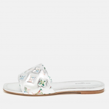 Pre Owned Louis Vuitton Silver Leather Revival Flat Slides Size 38