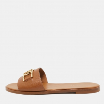 Pre Owned Louis Vuitton Brown Leather Lock It Flat Slides Size 40