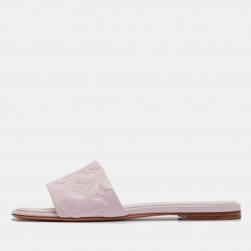 Pre Owned Louis Vuitton Pink Monogram Embossed Leather Revival Flat Slides Size 37