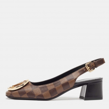 Pre Owned Louis Vuitton Brown Damier Canvas Madeleine Slingback Pumps Size 37.5 